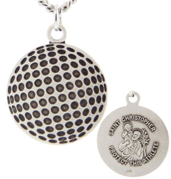 Golf Ball Shaped Necklace with Saint Christopher Back in Sterling Silver - 24&quot; 3mm Stainless Steel Chain + Clasp