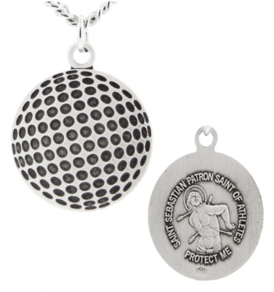 Golf Ball Shaped Necklace with Saint Sebastian Back in Sterling Silver - 24&quot; Sterling Silver Chain + Clasp