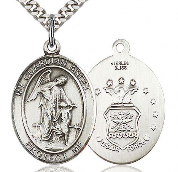 Guardian Angel Air Force Medal, Sterling Silver, Large - 24&quot; 2.4mm Rhodium Plate Chain + Clasp