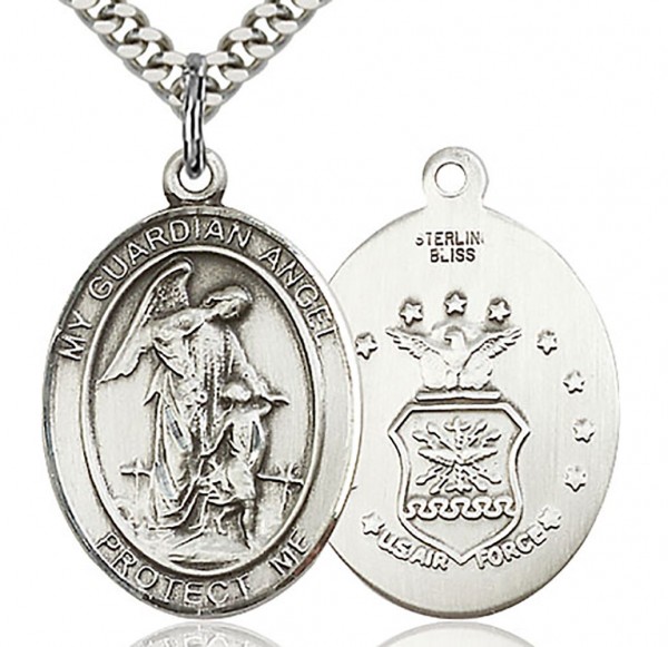 Guardian Angel Air Force Medal, Sterling Silver, Large - 24&quot; 2.4mm Rhodium Plate Endless Chain