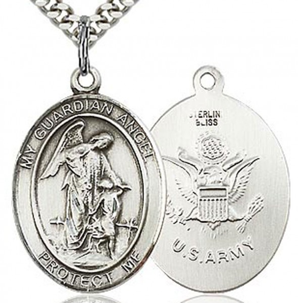 Guardian Angel Army Medal, Sterling Silver, Large - 24&quot; 2.4mm Rhodium Plate Endless Chain