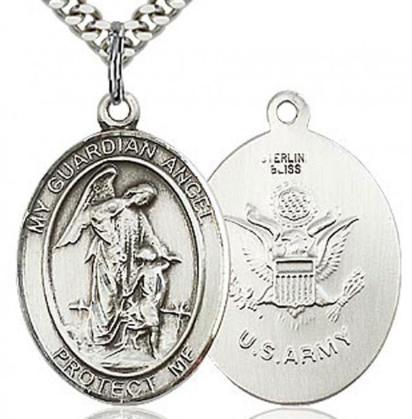 Guardian Angel Army Medal, Sterling Silver, Large - 24&quot; Sterling Silver Chain + Clasp