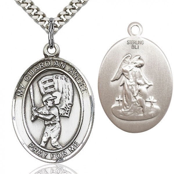 Guardian Angel Baseball Medal, Sterling Silver, Large - 24&quot; 2.4mm Rhodium Plate Chain + Clasp