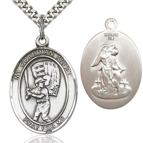 Guardian Angel Baseball Medal, Sterling Silver, Large - 24&quot; 2.4mm Rhodium Plate Endless Chain