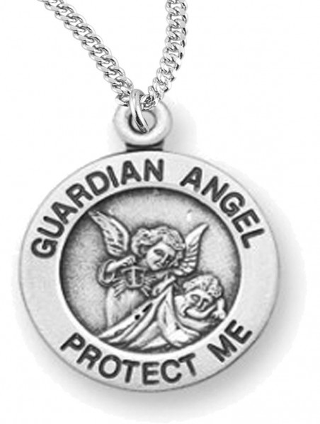 Woman's Guardian Angel Necklace Round, Sterling Silver with Chain Options - 18&quot; 2.2mm Stainless Steel Chain + Clasp