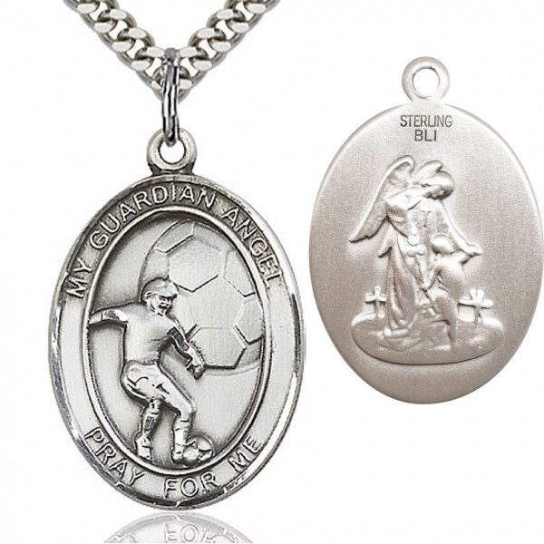 Guardian Angel Soccer Medal, Sterling Silver, Large - 24&quot; 2.4mm Rhodium Plate Chain + Clasp