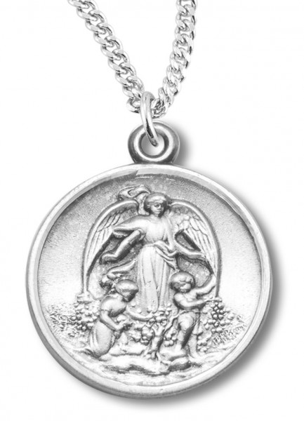 Woman's Sterling Silver Round Guardian Angel Necklace with Chain Options - 18&quot; 2.2mm Stainless Steel Chain + Clasp