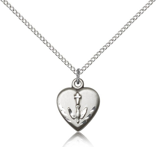 Heart Confirmation Medal, Sterling Silver - 18&quot; Lite Rhodium Plate Chain + Clasp