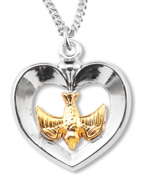 Women's Sterling Silver Two Tone Heart Necklace with Holy Spirit Center with Chain Options - 18&quot; 1.8mm Sterling Silver Chain + Clasp