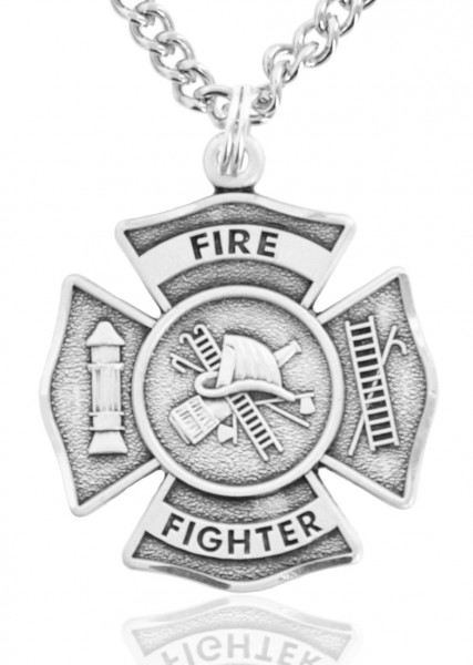 Heartland Men's Sterling Silver Firefighter Philippians 4:13 Medal with Cross - 24&quot; Stainless Steel Chain + Clasp