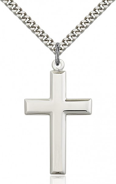 Men's Luxury High Polish All Sterling Silver Cross Pendant - 24&rdquo; 1.7mm Sterling Silver Chain &amp; Clasp