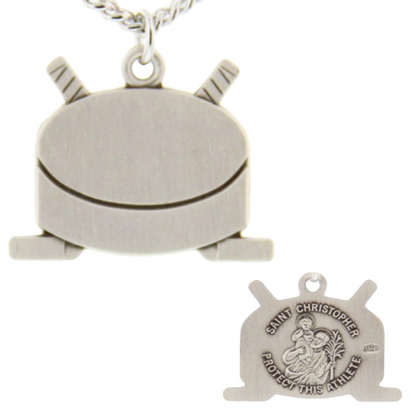 Hockey Themed Stick and Puck Necklace with Saint Christopher Back in Sterling Silver - 24&quot; Sterling Silver Chain + Clasp