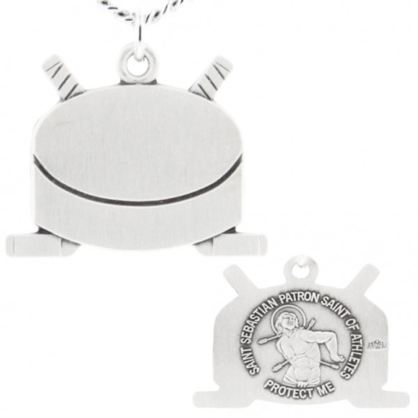 Hockey Themed Stick and Puck Necklace with Saint Sebastian Back in Sterling Silver - 24&quot; Sterling Silver Chain + Clasp