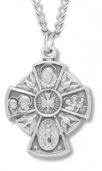 Women's Sterling Silver Holy Spirit 4 Way Cross Necklace with Chain Options - 18&quot; 1.8mm Sterling Silver Chain + Clasp