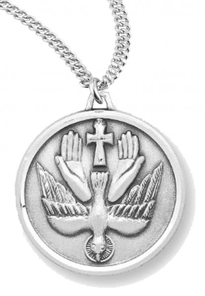 Women's or Boy's Holy Spirit Necklace Round, Sterling Silver with Chain - 20&quot; 2.25mm Rhodium Plated Chain with Clasp