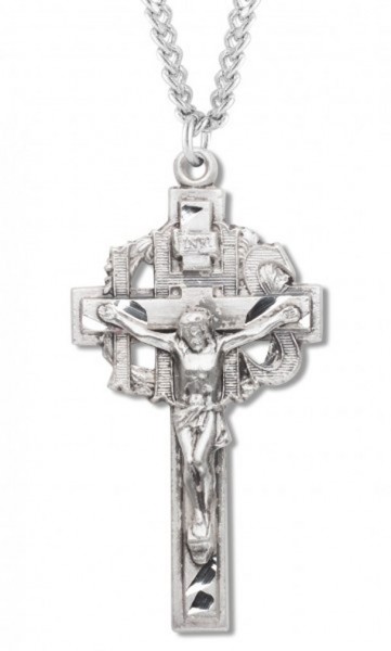 Men's Sterling Silver IHS Crucifix Necklace with Chain Options - 24&quot; 3mm Stainless Steel Chain + Clasp