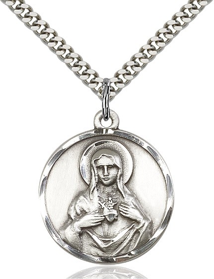 Immaculate Heart of Mary Medal, Sterling Silver - 24&quot; 2.2mm Sterling Silver Chain + Clasp