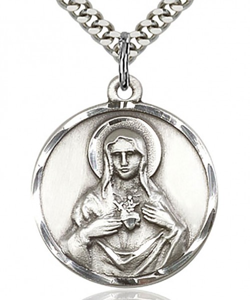 Immaculate Heart of Mary Medal, Sterling Silver - 24&quot; 2.4mm Rhodium Plate Endless Chain