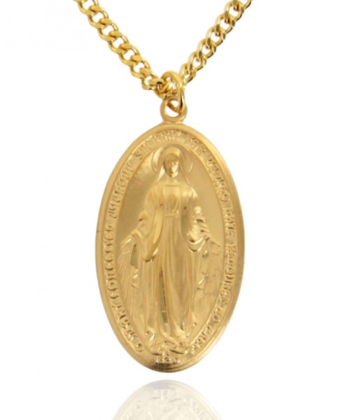 Large Men's Deluxe 16k Gold Plated Sterling Silver Oval Miraculous Medal - 24&quot; 2.4mm Gold Plated Endless Chain