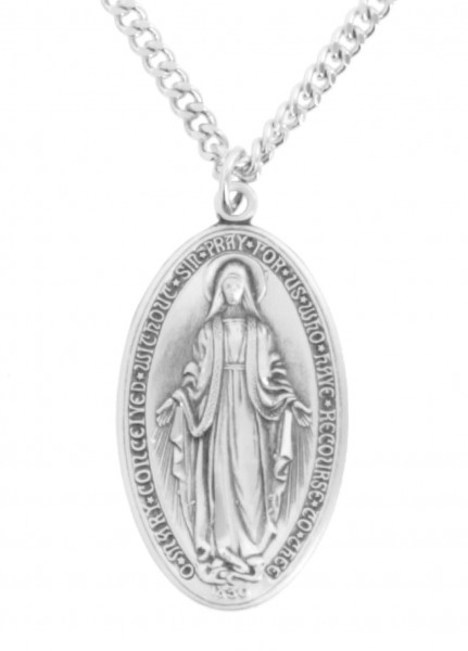 Large Men's Deluxe Sterling Silver Oval Miraculous Medal - 20&quot; 1.8mm Sterling Silver Chain + Clasp