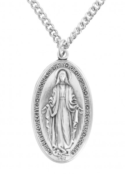 Large Men's Deluxe Sterling Silver Oval Miraculous Medal - 27&quot; 3mm Stainless Steel Endless Chain