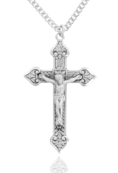 Large Men's Sterling Silver Antiqued Crucifix Necklace - 24&quot; 3mm Stainless Steel Chain + Clasp