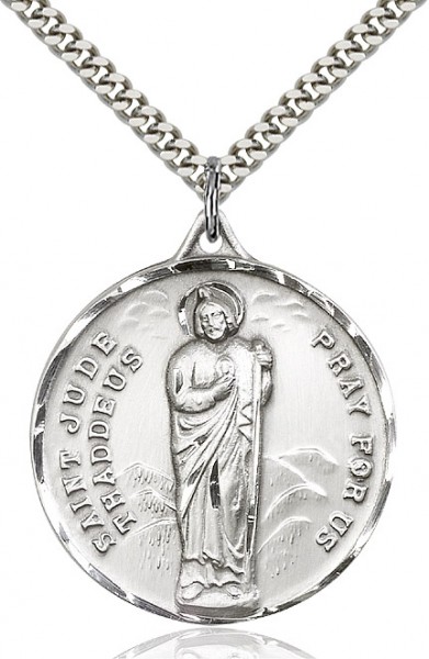 Large Men's Sterling Silver Saint Jude Medal - 24&quot; 2.2mm Sterling Silver Chain + Clasp