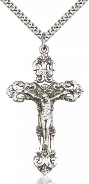 Large Sterling Silver Crucifix Pendant - 24&quot; 2.4mm Rhodium Plate Chain + Clasp