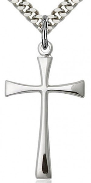 Men's Sterling Silver Maltese Cross Pendant - 24&quot; 2.4mm Rhodium Plate Chain + Clasp