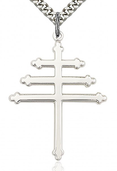 Maronite Cross Pendant, Sterling Silver - 24&quot; 2.4mm Rhodium Plate Chain + Clasp