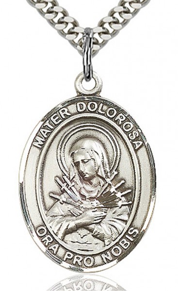 Mater Dolorosa Medal, Sterling Silver, Large - 24&quot; 2.4mm Rhodium Plate Chain + Clasp