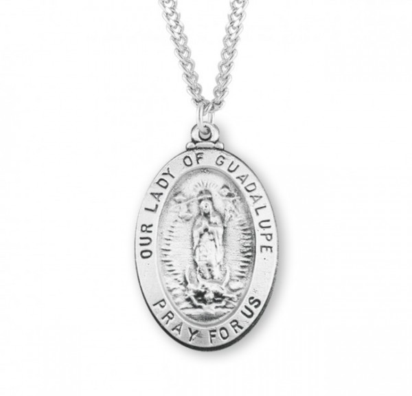 Medium Size Our Lady of Guadalupe Oval Pendant - 24&quot; 3mm Stainless Steel Chain + Clasp