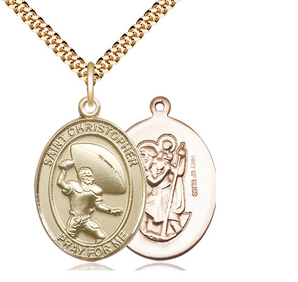 Men's 14Kt Gold Filled Saint Christopher Football Necklace - 24&quot; 2.4mm Gold Plated Chain + Clasp