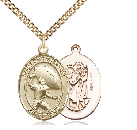Men's 14Kt Gold Filled Saint Christopher Football Necklace - 20&rdquo; 2.2mm Gold Filled Chain &amp; Clasp