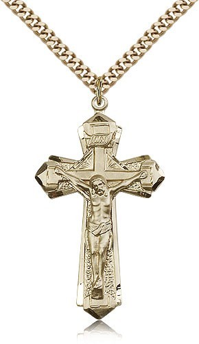 Men's 14kt Gold Filled Crucifix Pendant - 24&quot; 2.4mm Gold Plated Chain + Clasp