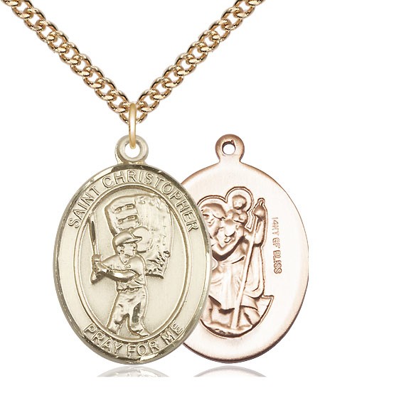 Men's 14kt Gold Filled Saint Christopher Baseball Necklace - 20&rdquo; 2.2mm Gold Filled Chain &amp; Clasp