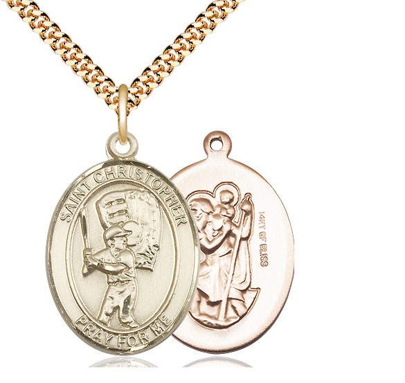 Men's 14kt Gold Filled Saint Christopher Baseball Necklace - 24&quot; 2.4mm Gold Plated Chain + Clasp