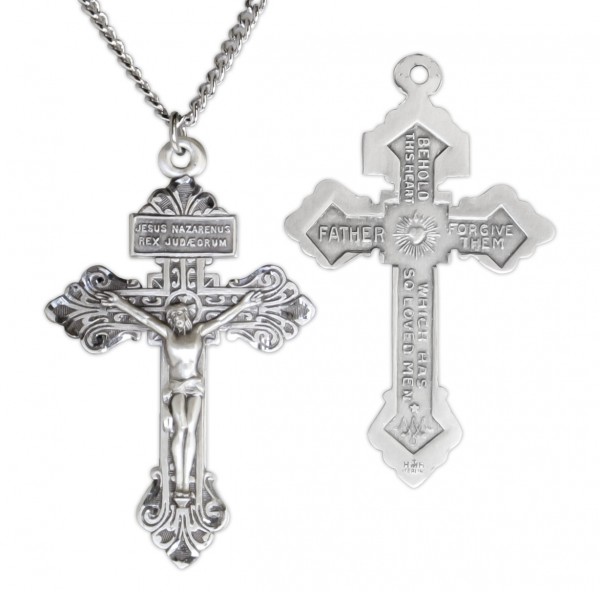 Men's Sterling Silver Behold This Heart Crucifix Pardon Necklace - 24&quot; 3mm Stainless Steel Chain + Clasp
