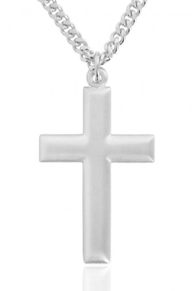 Men's Sterling Silver Beveled Cross Pendant - Matte Finish - 24&quot; 2.4mm Rhodium Plate Endless Chain