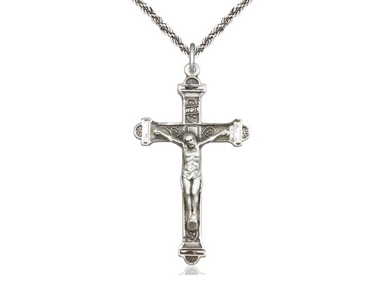 Men's Crucifix Pendant Antique Silver Accents Cross Bar Edges - 20&quot; 1.8mm Sterling Silver Chain + Clasp