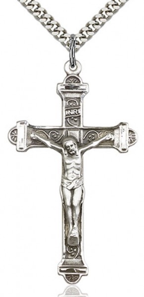 Men's Crucifix Pendant Antique Silver Accents Cross Bar Edges - 24&rdquo; 1.7mm Sterling Silver Chain &amp; Clasp