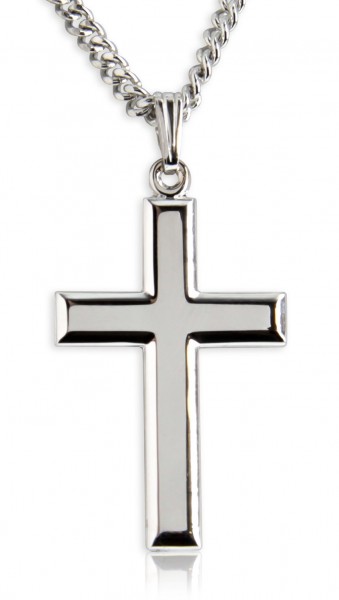 Men's High Polish Sterling Silver Cross Pendant - 24&quot; 2.4mm Rhodium Plate Chain + Clasp