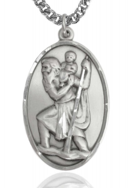   Men's Large Silver Silver Saint Christopher Medal - 24&quot; 2.4mm Rhodium Plate Endless Chain