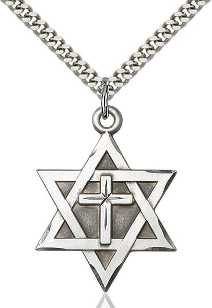 Men's Large Sterling Silver Star of David with Cross Pendant - 30&quot; 2.4mm Rhodium Plated Endless Chain