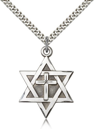 Men's Large Sterling Silver Star of David with Cross Pendant - 24&quot; 2.2mm Sterling Silver Chain + Clasp