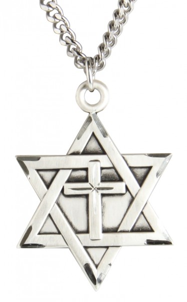 Men's Large Sterling Silver Star of David with Cross Pendant - 27&quot; 2.4mm Rhodium Plated Endless Chain