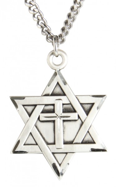 Men's Large Sterling Silver Star of David with Cross Pendant - 27&quot; 2.4mm Rhodium Plated Endless Chain