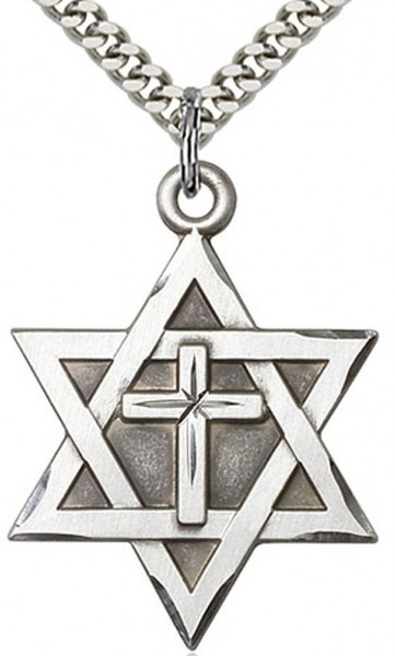Men's Large Sterling Silver Star of David with Cross Pendant - 24&quot; 2.4mm Rhodium Plate Chain + Clasp