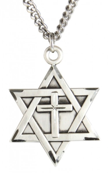 Men's Large Sterling Silver Star of David with Cross Pendant - 24&rdquo; 1.7mm Sterling Silver Chain &amp; Clasp