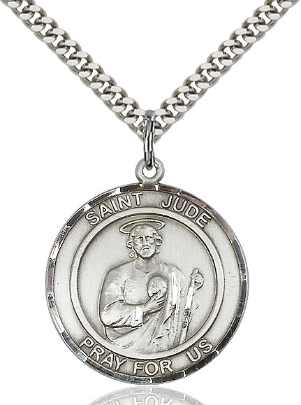 Men's Larger Round Sterling Silver St. Jude Pendant - 24&quot; 2.4mm Rhodium Plate Endless Chain